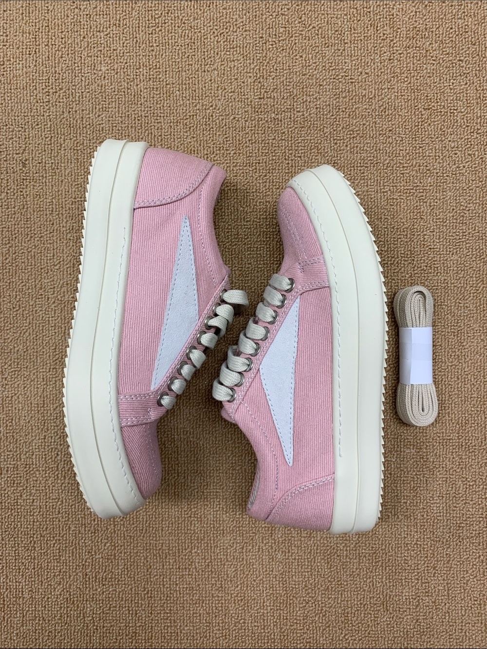 Rick Owens Pink Canvas Low-Top Platform Sneakers with White Accents